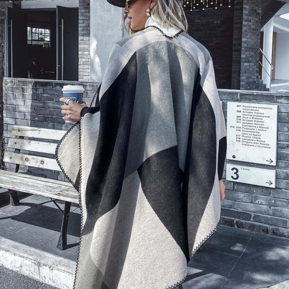 fall color block open front kimono poncho cardiga - Picture 10 of 11